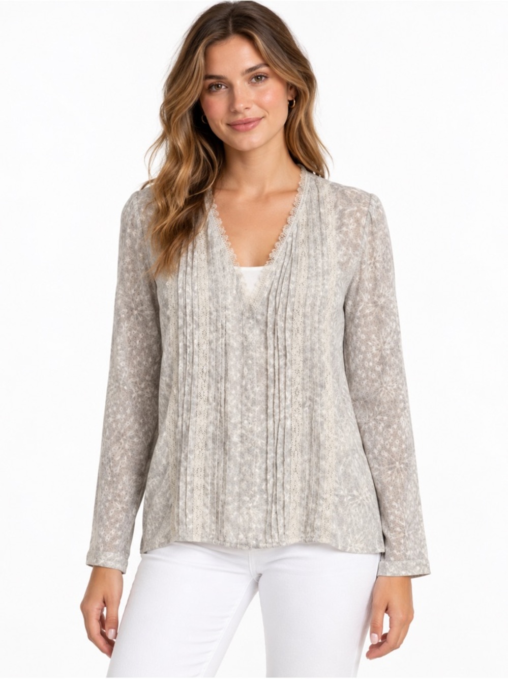 Elie Tahari Silk Blend Sheer Blouse Silver Lace Pintuck Detail